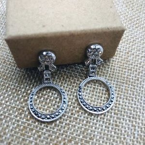 Vintage Sterling Silver Marcasite Open Round Disc Screw Back Dangle Earrings